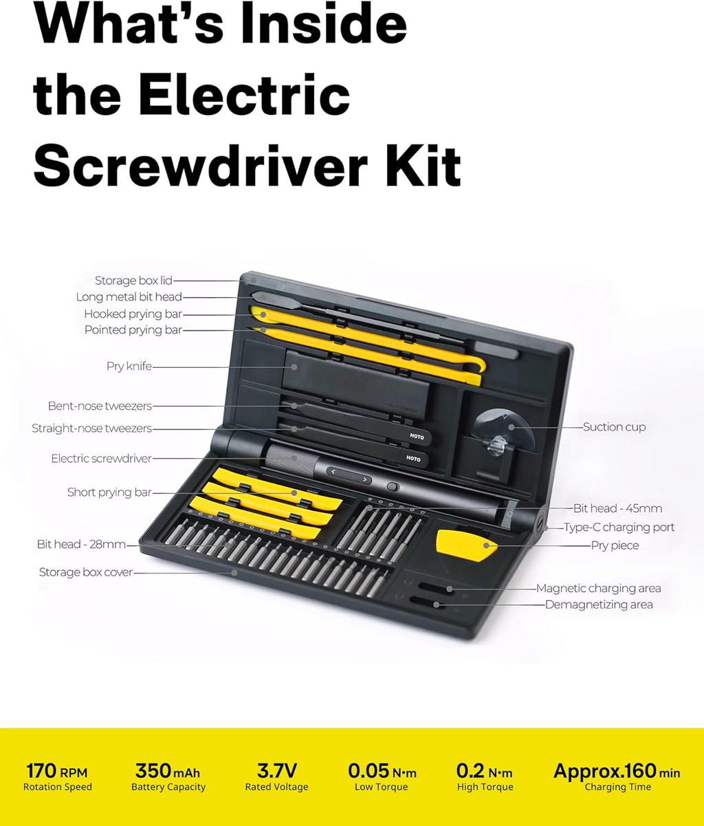 HOTO Precision Screwdriver Set, 110° Upright Workpad, Mini Electric Screwdriver with Charging Dock, 0.05/0.2 N·m Torque, LED Light, 26 Bits and 10 Repair Tools for Electronics, Phones, Laptops