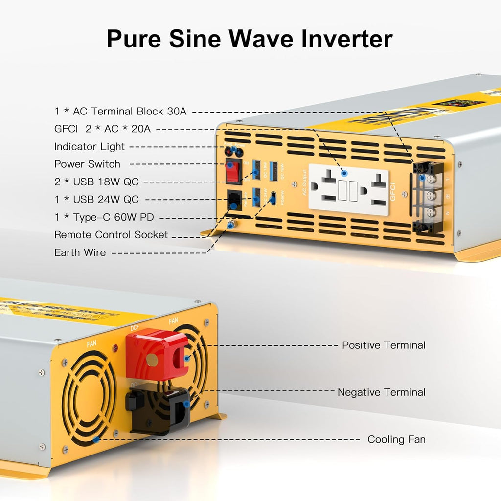 XWJNE 3000W Pure Sine Wave Power Inverter 12V DC to 120V GFCI AC Converter with LCD Display and Remote for Home, RV, Truck, Off-Grid Solar Power