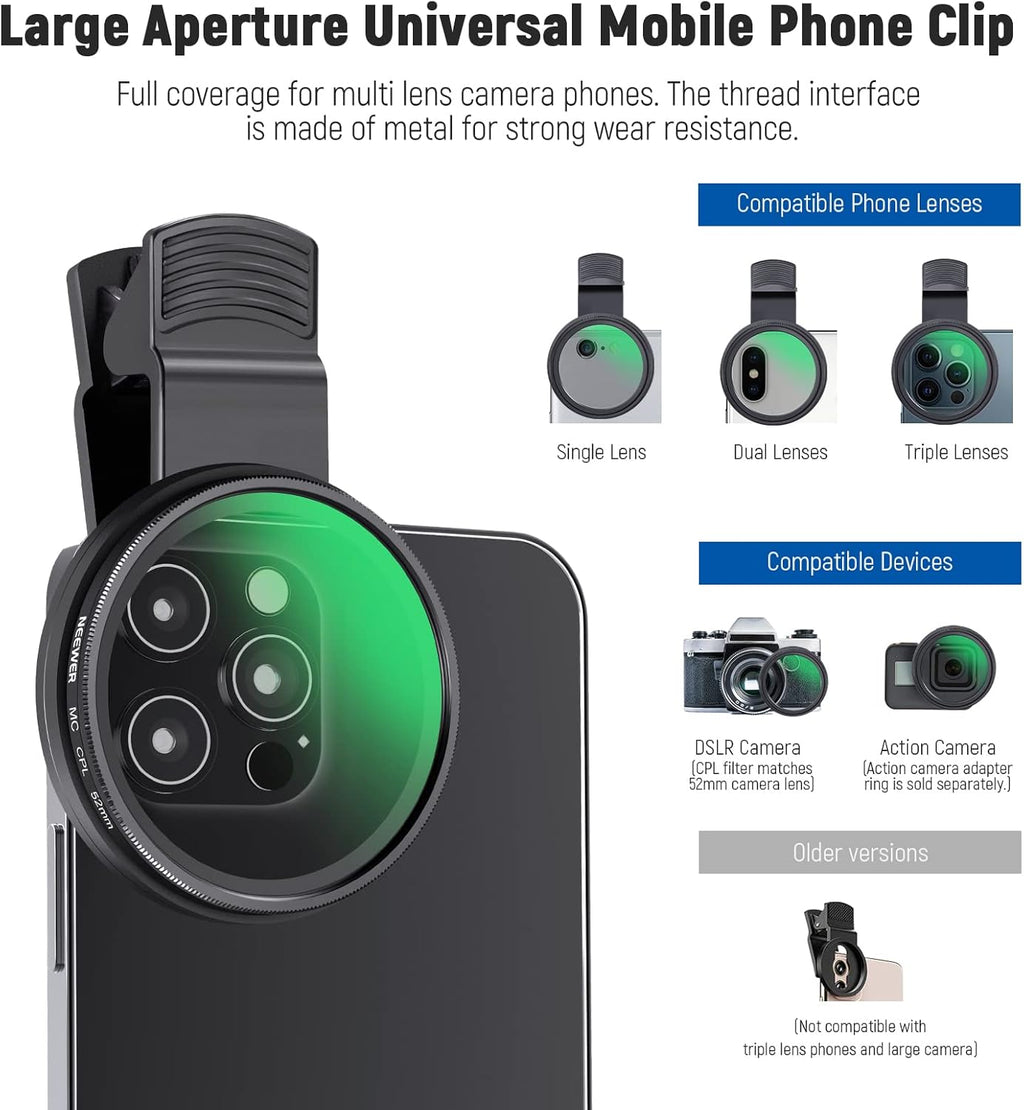 NEEWER 52mm CPL Filter for Phone, Clip On Circular Polarizing Lens Filter with Phone Clip, Storage Case & Cleaning Cloth, Compatible with iPhone Samsung Galaxy Android DSLR Camera, FL-26