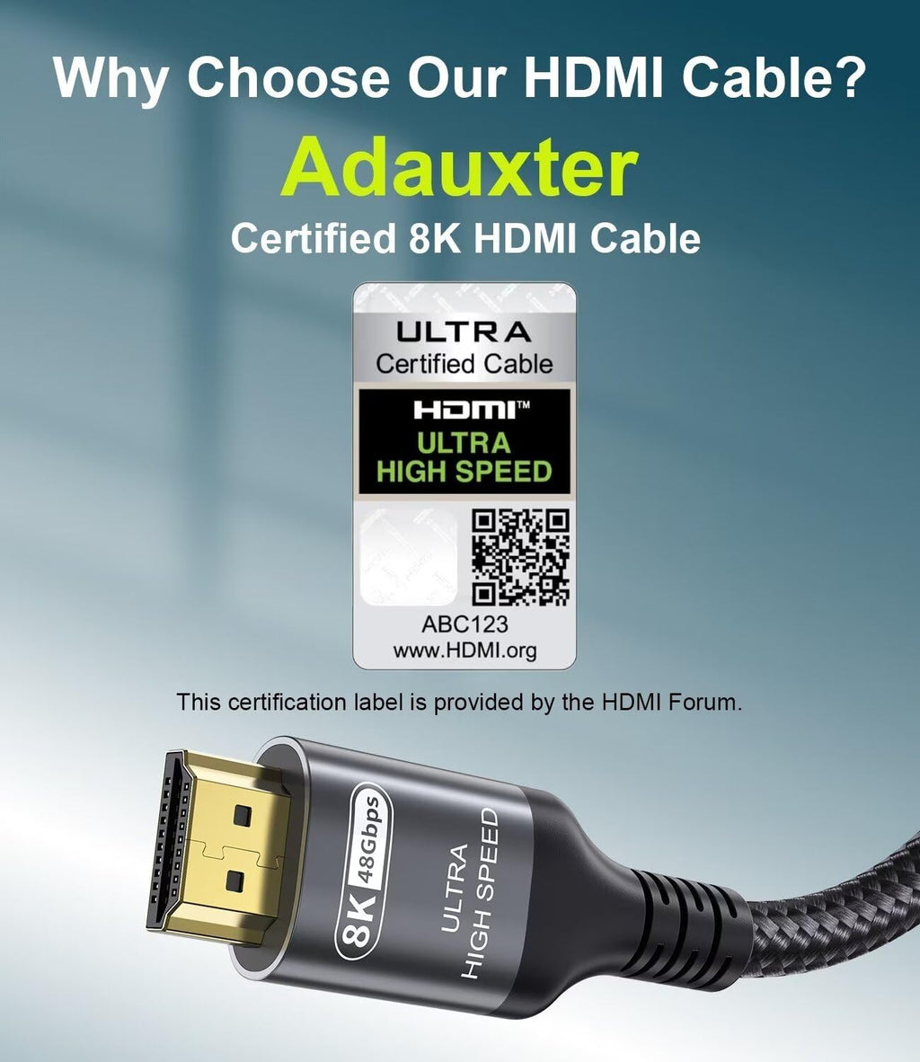 Certified 10K 8K HDMI 2.1 Cable 5 FT, 48Gbps Ultra High Speed HDMI Cable with Ethernet 4K 240Hz 165Hz 144Hz 120Hz 8K60Hz eARC HDCP2.3 HDR10+ PC Laptop TV Monitor Projector