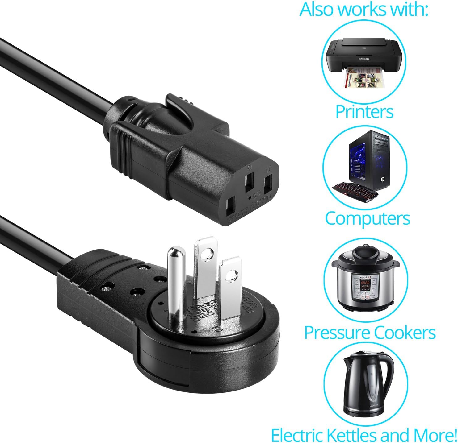 Maximm Monitor Computer Power Cord 6 Ft Flat Plug 360° Rotating PC Cable 3 Prong for, Desktop, Printer, Scanner, 16 AWG NEMA 5-15P to IEC13 - UL Certified