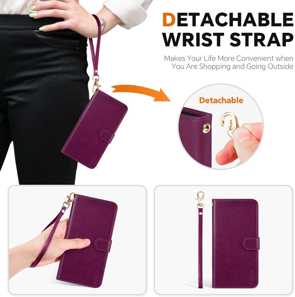 TUCCH Case Wallet for Galaxy S25 Ultra, [Detachable] 2 in 1 Magnetic PU Leather Wrist Strap RFID Blocking Wireless Charging 4 Card Slot Kickstand Removable Flip Cover for Galaxy S25 Ultra, Plum Purple