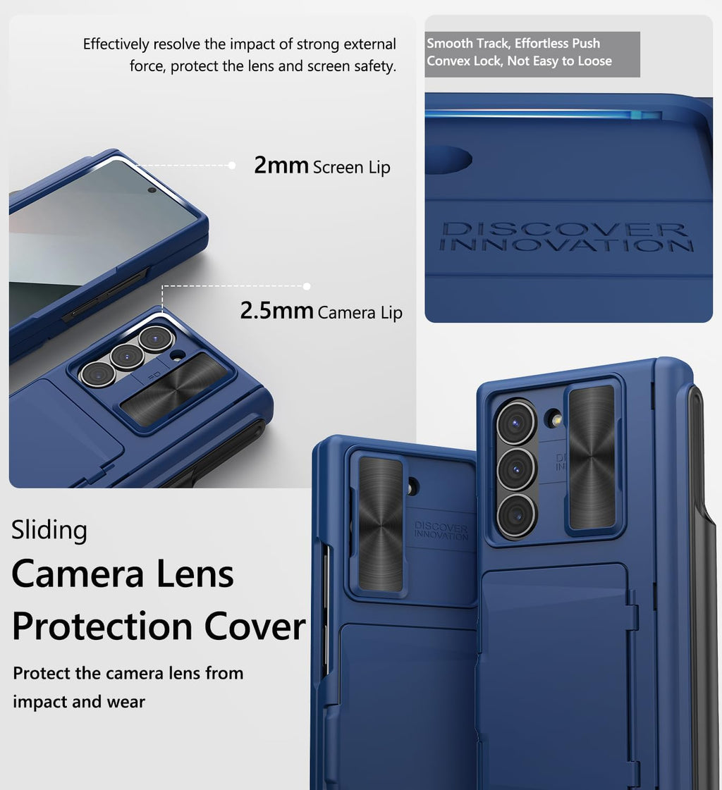 Vihibii for Samsung Galaxy Z Fold 6 Case Wallet with S Pen Holder & Card Holder & Slide Lens Cover & Screen Protector & Hinge Protection, Durable Rugged Protective Phone Case for Galaxy Z Fold6, Blue