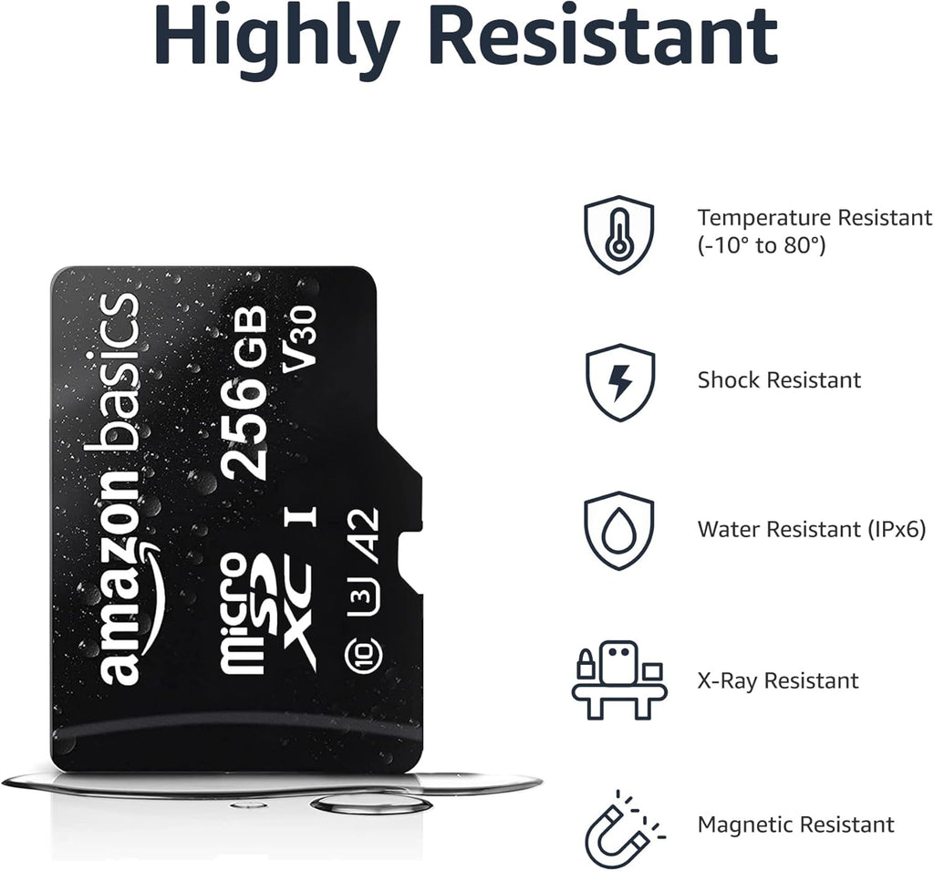 Amazon Basics Micro SDXC Memory Card with Full Size Adapter, A2, U3, Read Speed up to 100 MB/s, 256 GB, Black