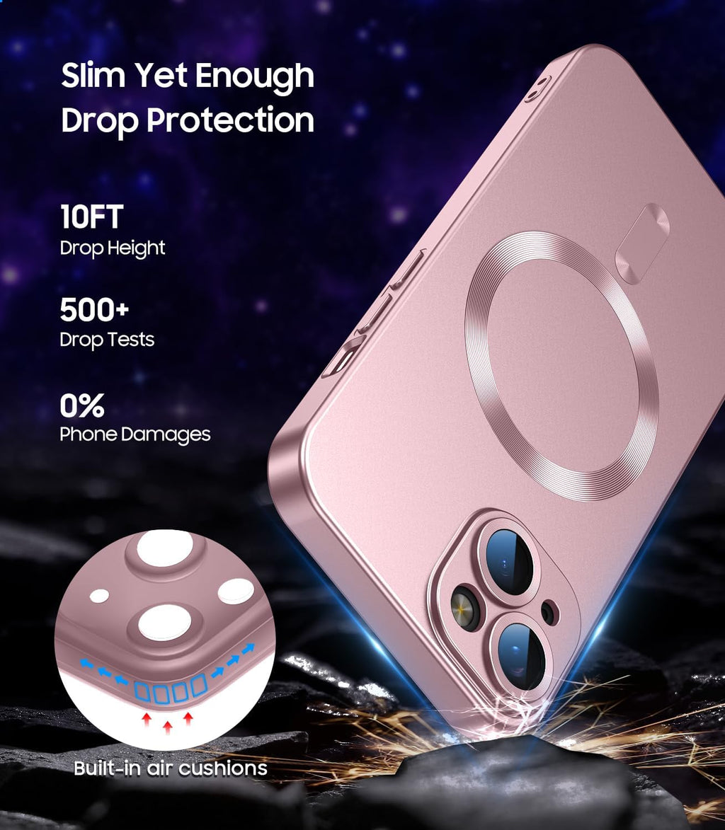 Magnetic for iPhone 13 Case [Compatible with MagSafe][Built-in Camera Lens Protector] Slim Soft Silicone Bumper Shockproof Metallic Luster Phone Case (Rose Gold)