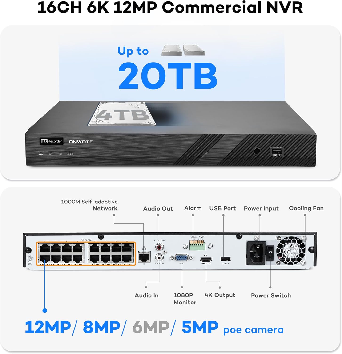 ONWOTE 16 Channel NVR PoE Security Camera System, 12MP 4K 16CH Commercial NVR 4TB, 16x 6MP Wired Outdoor 122° IP Cameras with Audio, AI Detection, 16x Cables (Total 1280ft), CCTV for Business Home