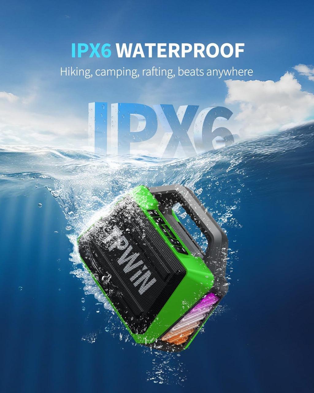 Portable Bluetooth Speaker Wireless - Loud Speakers 80W Peak, 20H Playtime, Light Show, TWS, Deep Bass, BT 5.3, IPX6 Waterproof for Outdoor Travel Camping Beach Pool - Green