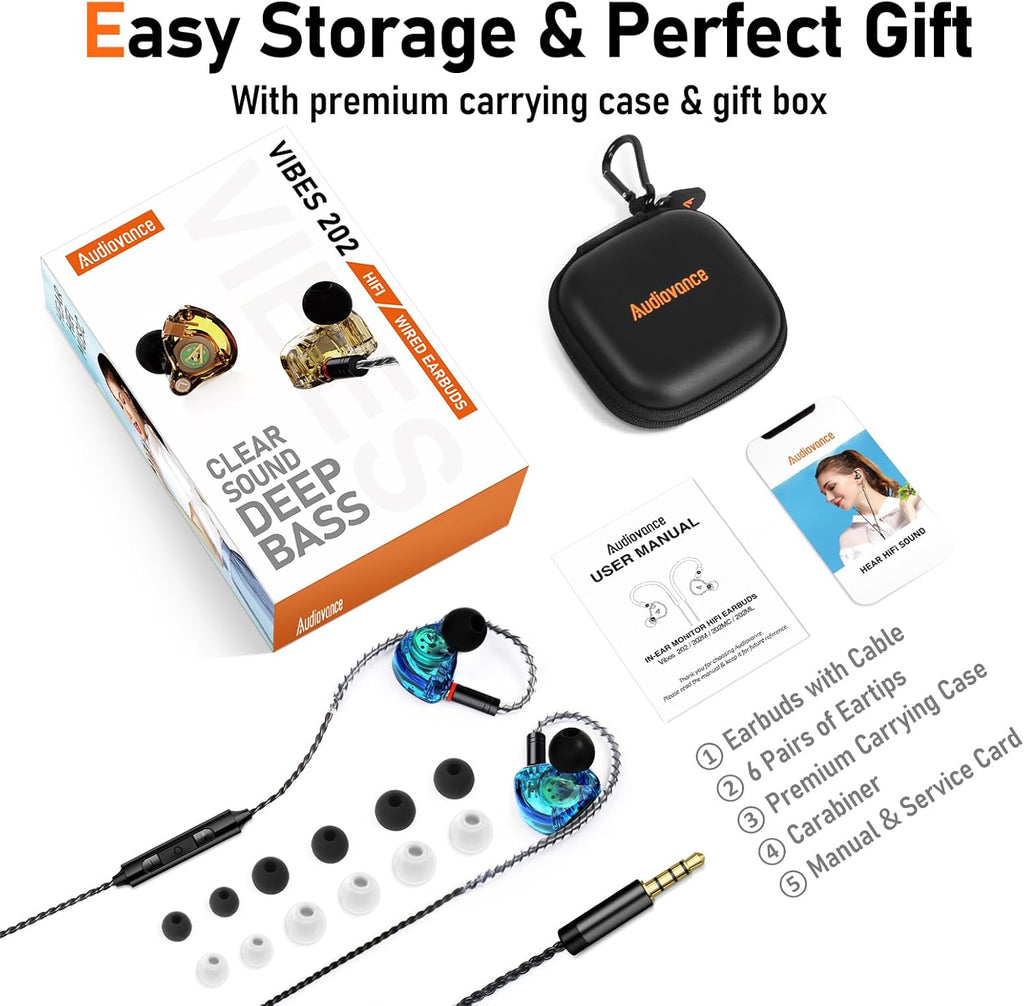 Vibes 202M Wired Earbuds - HiFi in Ear Monitor Headphones - Noise-Isolating Ear Buds w/ Mic - Clear Sound, Deep Bass & Comfort-Fit Gaming Earphones - MMCX to 3.5mm & Silver Plated Cord, Carrying Case