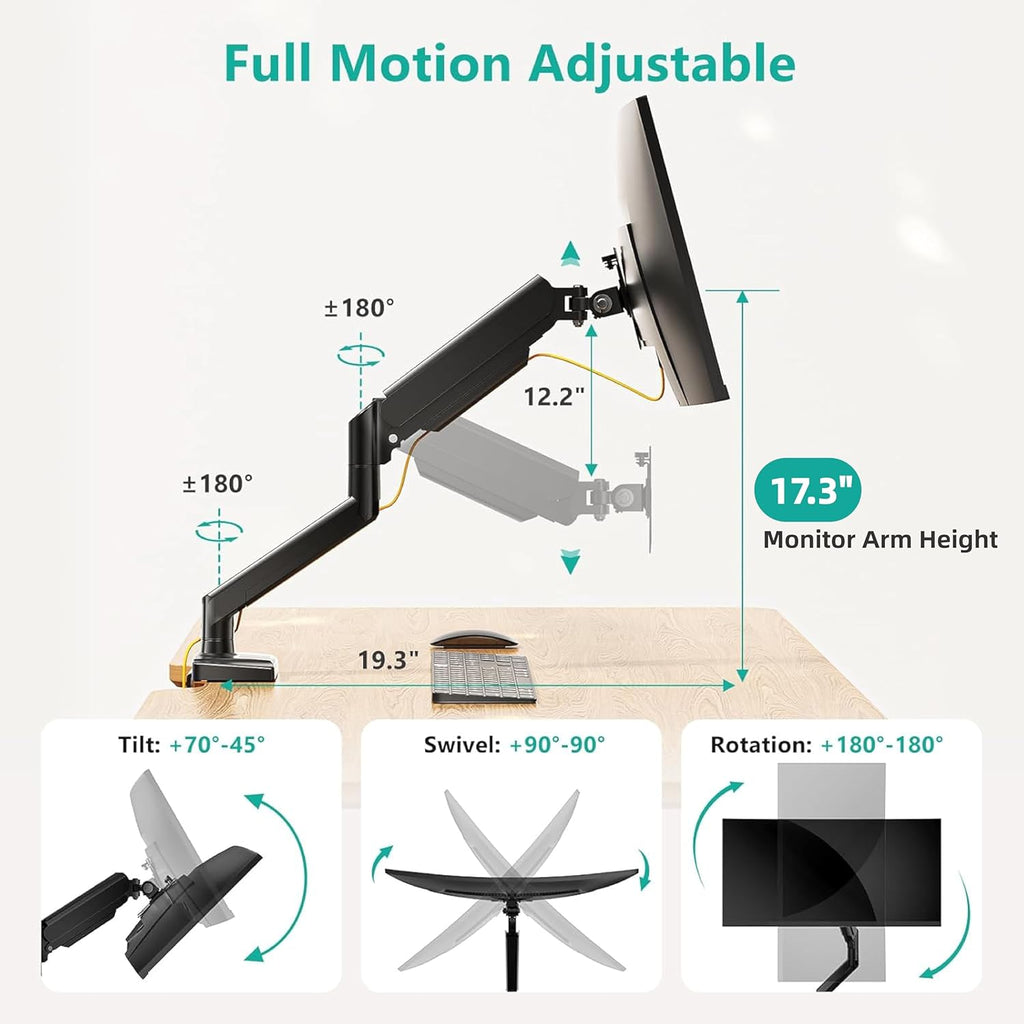 WALI Single Monitor Mount, Gas Spring Monitor Arm for 17-34 inch Screens, Adjustable Computer Monitors Stand up to 26.4lbs, with Clamp and Grommet Base, Mounting Holes 75 and 100mm (GSMP001N), Black
