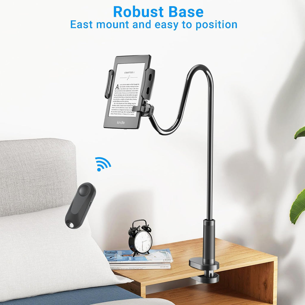 Gooseneck Tablet Holder for Kindle Reading in Bed with Page Turner Remote, Hands Free Desk Bedside Lazy Arm Stand for Kindle Accessories, Gifts for Readers