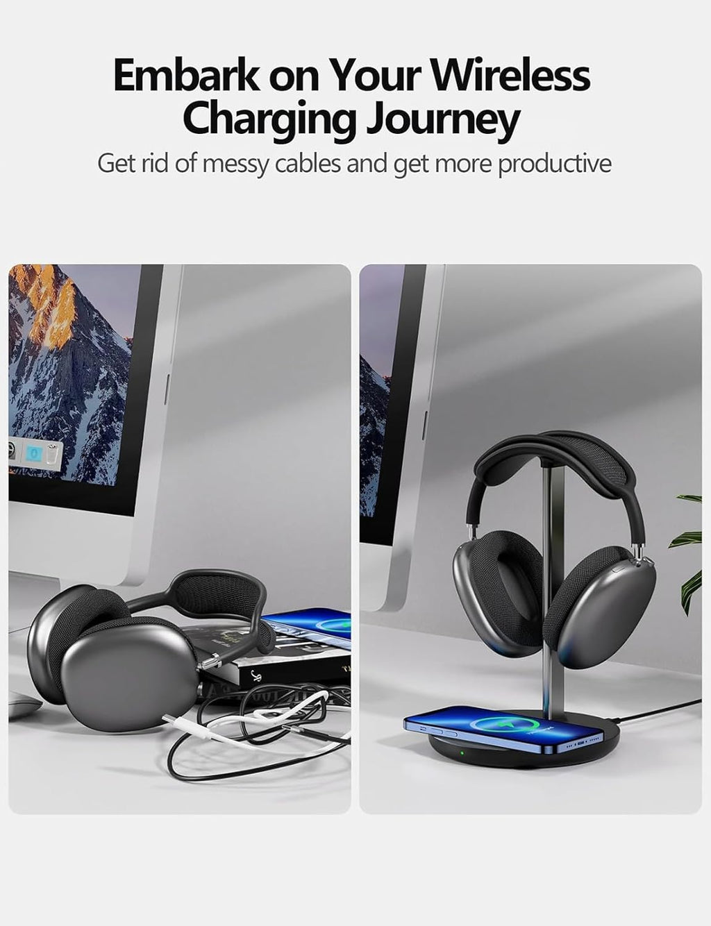 Miroddi Headphone Stand with Wireless Charger, Independent USB Charging Port, 5 in 1 Charging Station Headset Holder Rack for AirPods Max/Pro/4/3/2, iWatch, iPhone, Samsung and Desk Headphones, Black