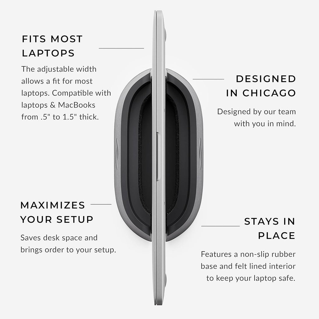 HumanCentric Vertical Laptop Stand in Vegan Black Leather, Upright Adjustable Holder and Dock, Laptop Vertical Stand Fits MacBook Pro and Other Laptops .5" to 1.5", Clamshell Compatible