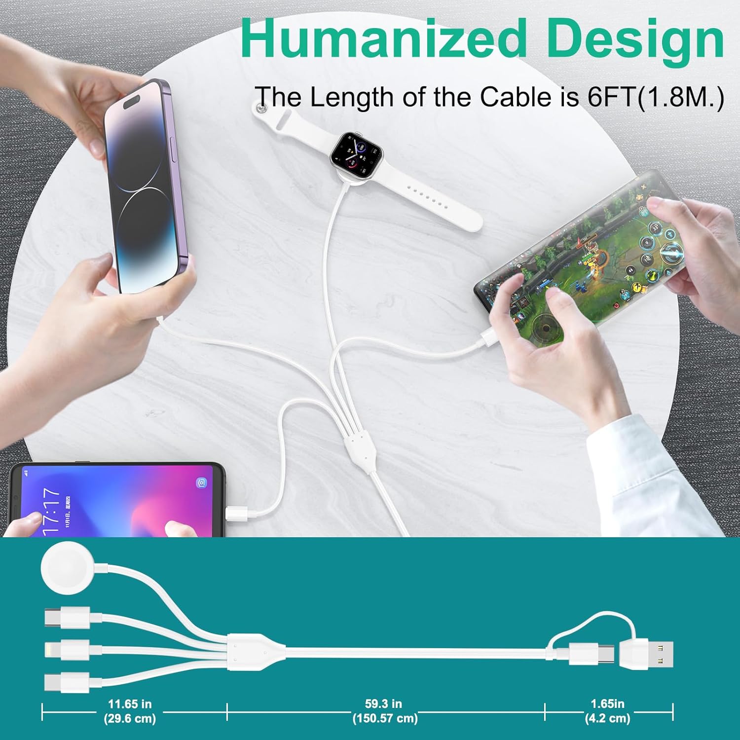 Multi Charging Cable 4 in 2 for Apple Watch Charger i-Phone, Travel 4 in 2 Watch & Phone Charger with iOSPorts/Type C/Micro USB Port Compatible with iWatch/iPhone 16 15/Galaxy Android-6FT