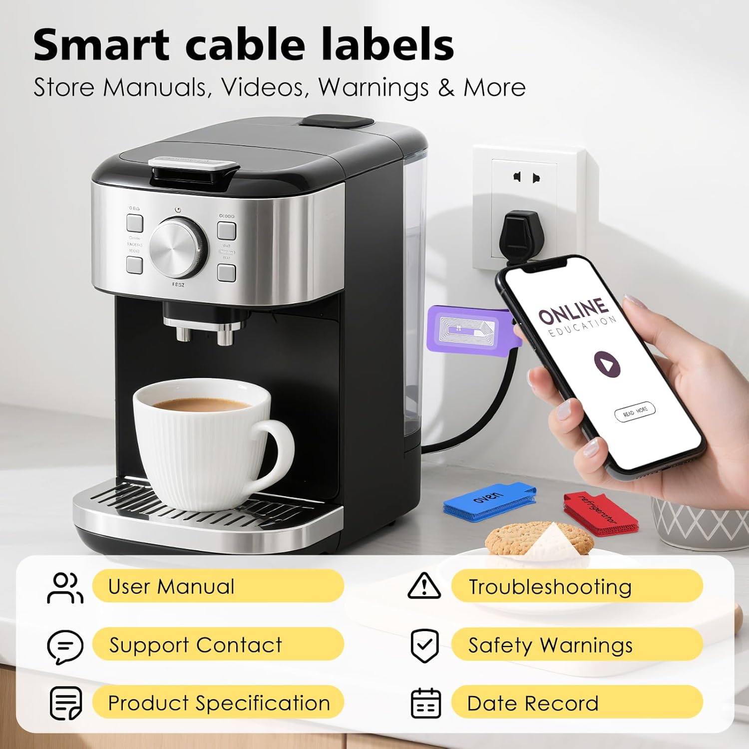 24 Set Smart NFC Cable Labels - 8 Colors Reusable Write-On Wire Labels with Blank NFC Tags, Programmable Cord Identification Labels for Electronics Cable Management, Oval and Rectangle