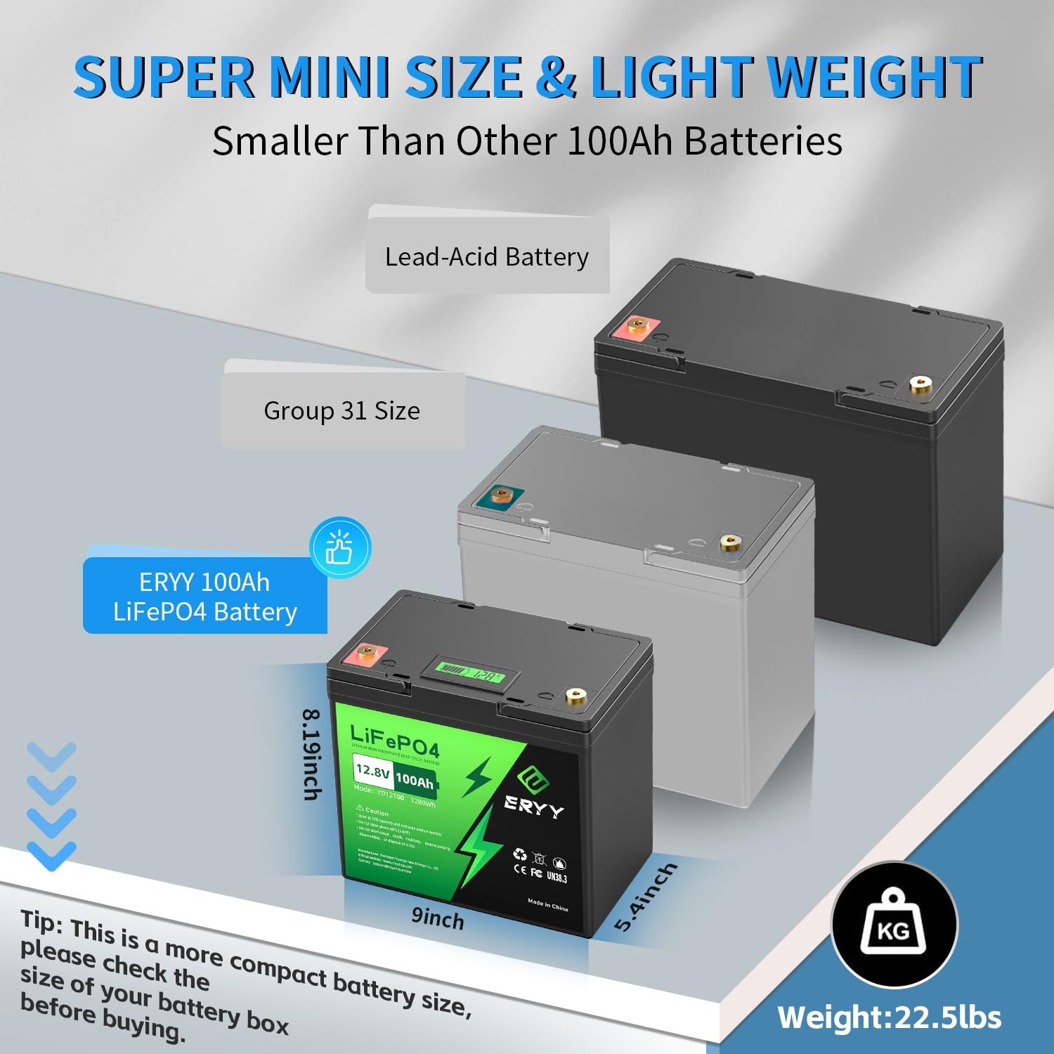12V 100Ah LiFePO4 Battery - 2 Pack, Rechargeable 12v Lithium Batteries with 100A BMS, VoltMeter, 5000+ Deep Cycle 1.28kWh Higher Energy Density Battery for RV, Boat, Van, TrollingMotor(Mini Size)