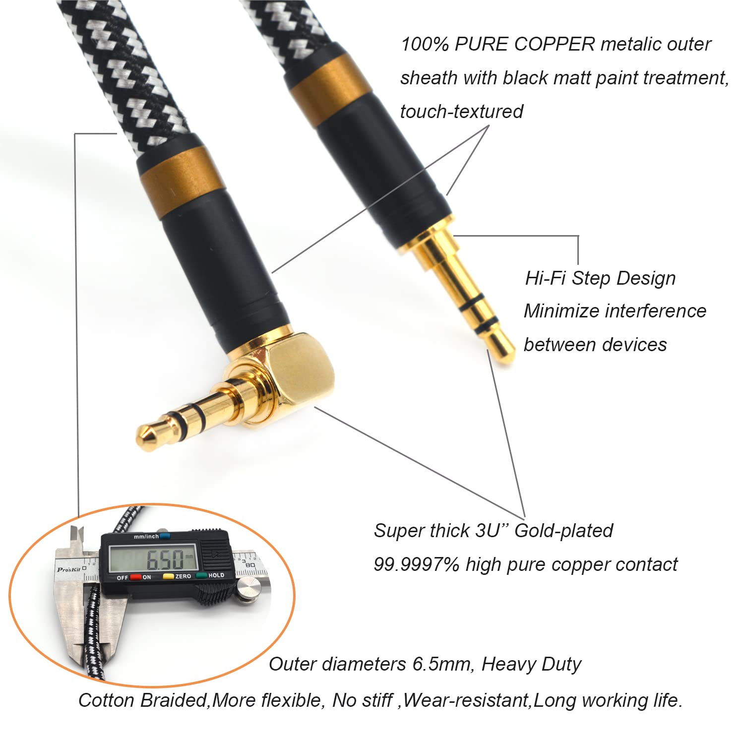 Aux Cord, Audiophile 3.5mm Stereo Audio Cable [0.75m (2.5 Feet), Silvered-Plated Copper core, Right Angle] Unbreakable and Great for Laptop, Tablets,Headphones, Cars and More.