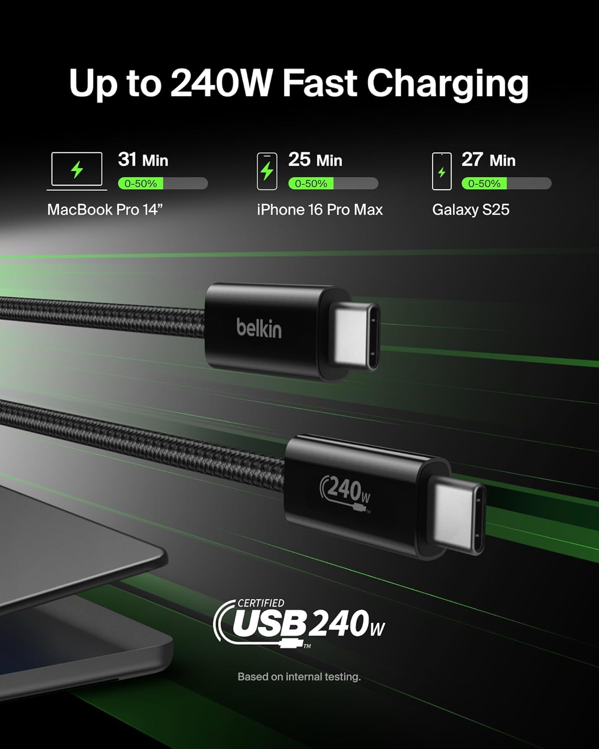 Belkin USB C to USB C Cable, 9.9ft, 240W - Type C Charger, iPhone Charger Cord, Soft, Braided, Flexible for iPhone 17, Galaxy S25, Pixel 10, MacBook, Chromebook, iPad Pro, Switch Steam Deck – Black