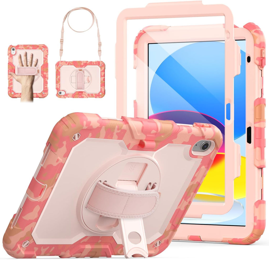 SCSVPN Kids Case for iPad (A16) 11th/10th Generation 11/10.9 inch 2025/2022, Shockproof Rugged Cute Rainbow Cover for iPad 11/10 with Pencil Holder, 360 Rotating Stand, Hand/Shoulder Strap, Camo Pink