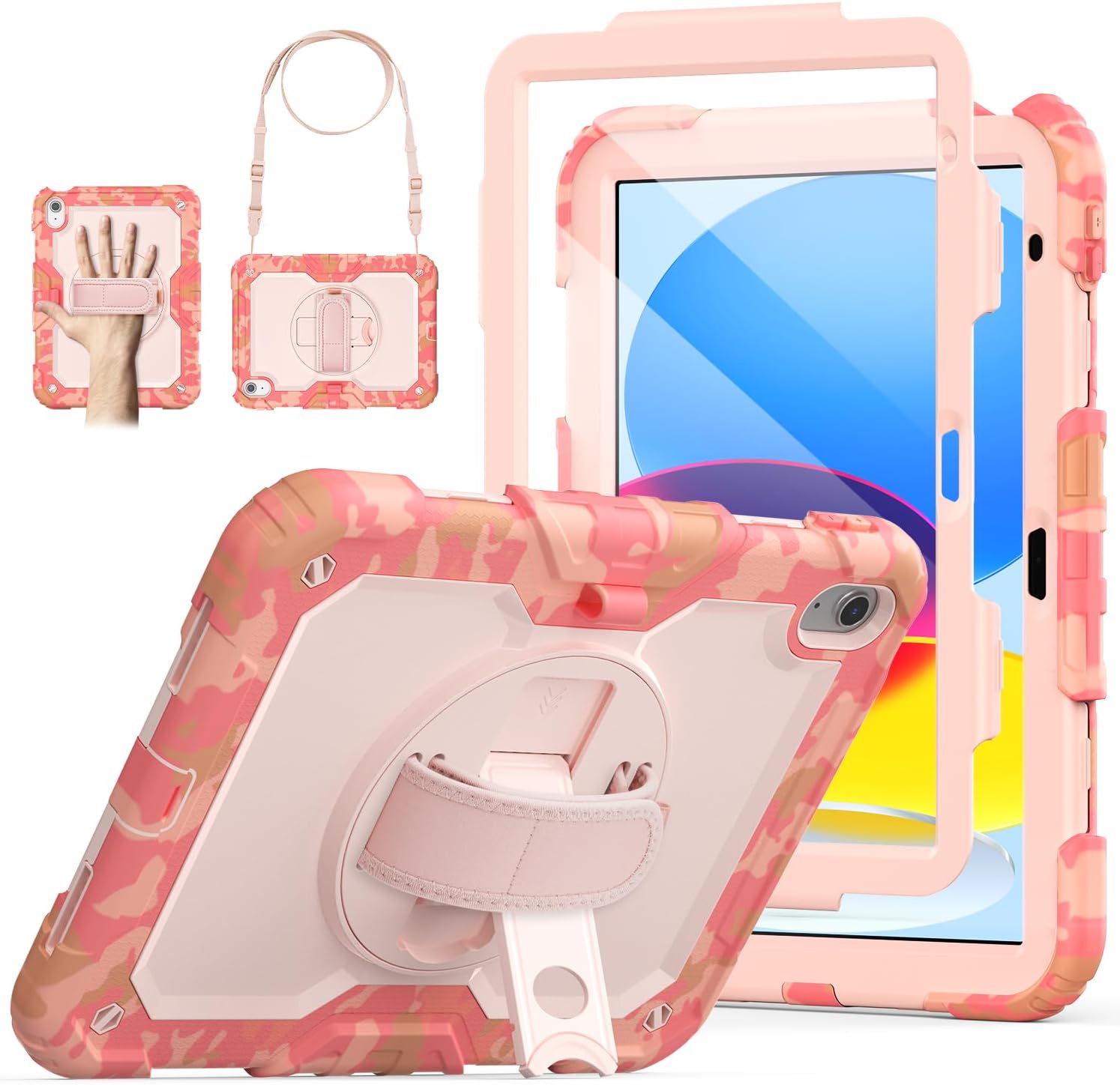 SCSVPN Kids Case for iPad (A16) 11th/10th Generation 11/10.9 inch 2025/2022, Shockproof Rugged Cute Rainbow Cover for iPad 11/10 with Pencil Holder, 360 Rotating Stand, Hand/Shoulder Strap, Camo Pink