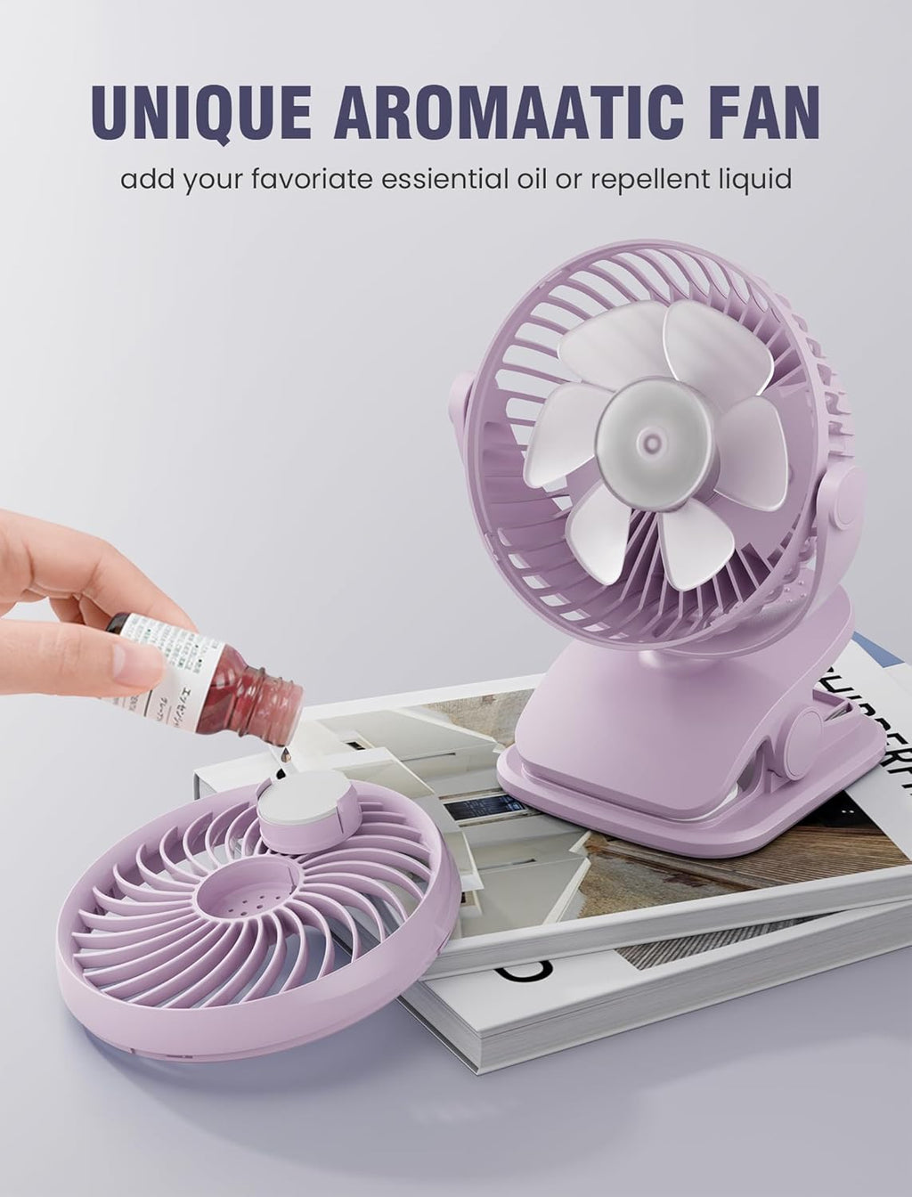 Shinebella AA Battery Powered Clip on Fan with 4-Speed, 5’’ Small Desk Fan with Aroma Function, USB Powered, 360°Rotation, Ultra Quiet, for Golf Cart, Stroller, Bedroom,Car(Batteries Not Included)