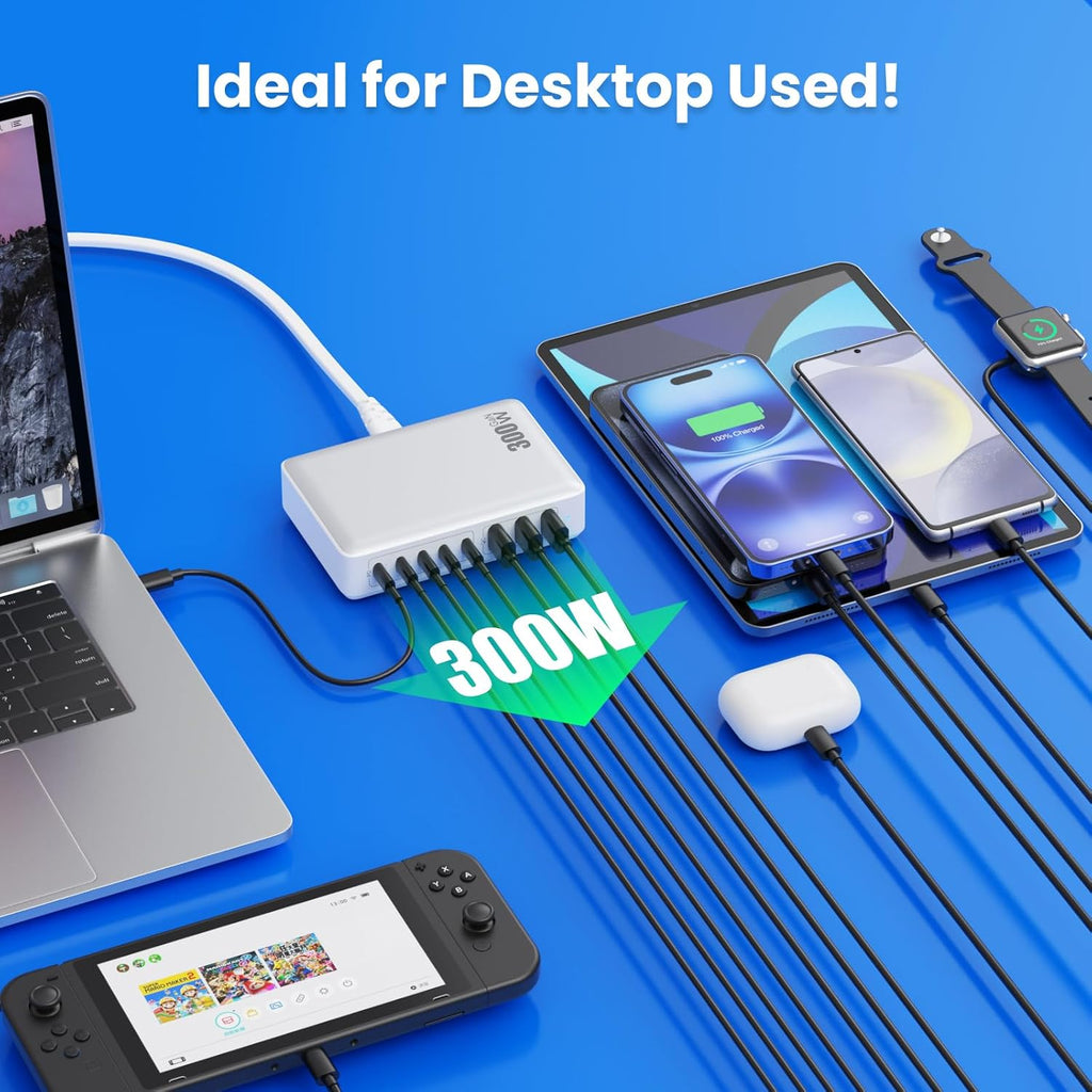 USB C Charger 300W USB C Charger Block 8-Ports GaN IV Fast Charging Station,PD 100W Laptop Hub Wall Charging Adapter Compatible with MacBook/Air,DELL,Steam Desk,iPhone 16/15/14,Samsung Galaxy S24 etc