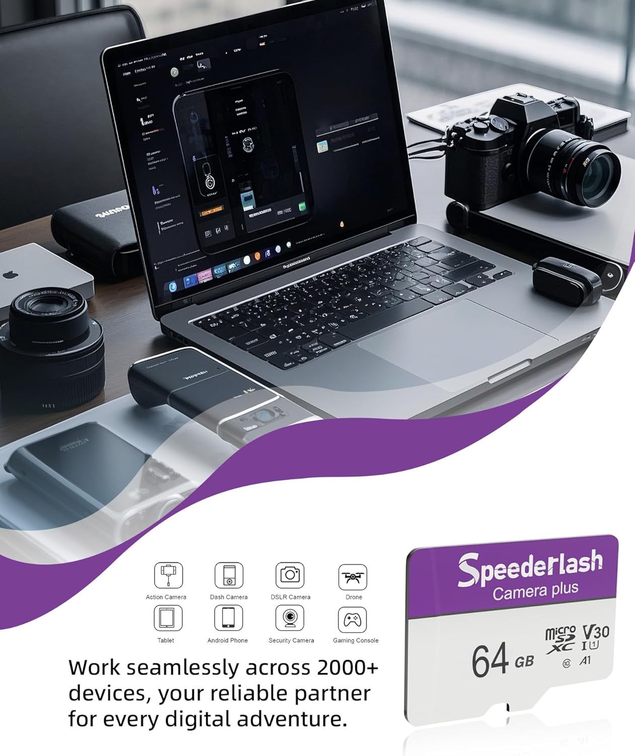 Micro SDXC Memory Card 64GB, Speederlash Camera Plus TF Card with Adapter, Up to 90MB/s Read Speed, 4K UHD&5K Video Support, U1 V30 A1 Rated, Waterproof, for Security Camera, Dashcam, Drones