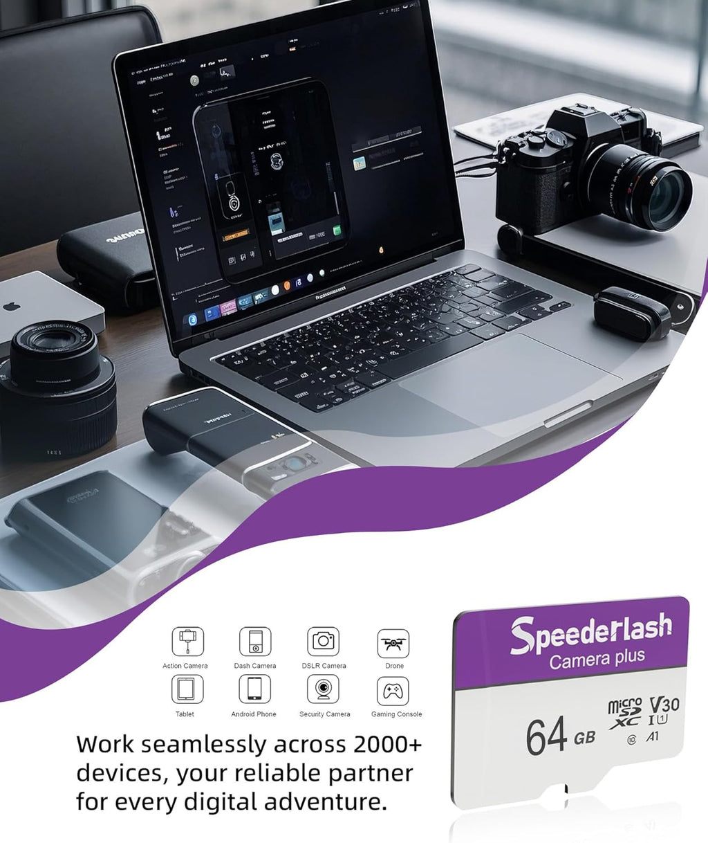 Micro SDXC Memory Card 64GB 5 Pack, Speederlash Camera Plus TF Card with Adapter, 90MB/s Read Speed, 4K UHD&5K Video Support, U1 V30 A1 Rated, for Security Camera, Smartphone, Drone, Tablet, PC