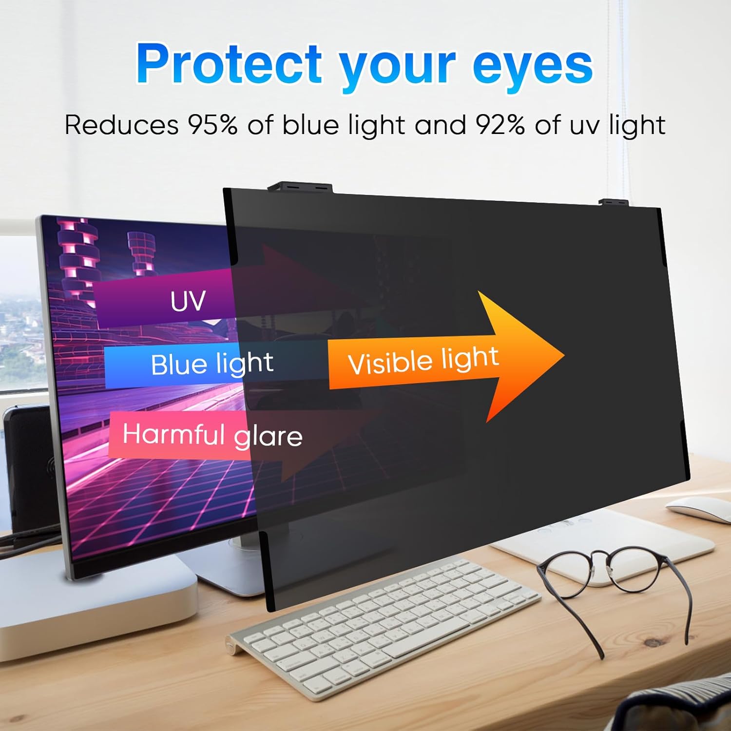 Computer Privacy Screen 23.6 Inch Magnetic, Removable Hanging Privacy Shield for frameless Monitor 16:9 Widescreen, Anti Blue Light, Anti-Glare Protector