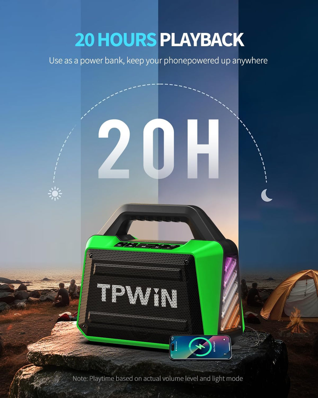 Portable Bluetooth Speaker Wireless - Loud Speakers 80W Peak, 20H Playtime, Light Show, TWS, Deep Bass, BT 5.3, IPX6 Waterproof for Outdoor Travel Camping Beach Pool - Green