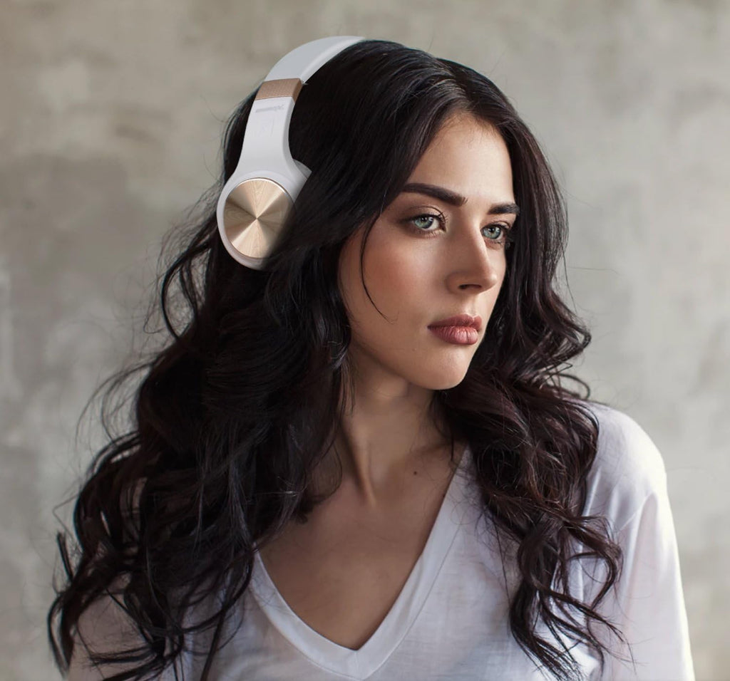 Riwbox Bluetooth Headphones, XBT-80 Folding Stereo Wireless Bluetooth Headphones Over Ear with Microphone and Volume Control, Wireless and Wired Headset for PC/Cell Phones/TV/Gym (White Gold)