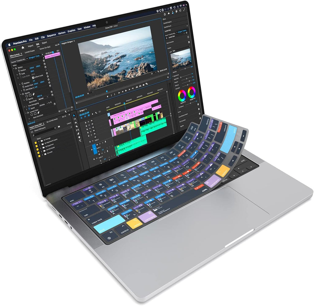 JCPal Adobe Premiere Pro Shortcut Guide Keyboard Cover for Apple MacBook Pro 14 inch and MacBook Pro 16 inch (M1-M4 Models) and MacBook Air 13 inch and MacBook Air 15 inch (M2-M4 Models) (US-Layout)