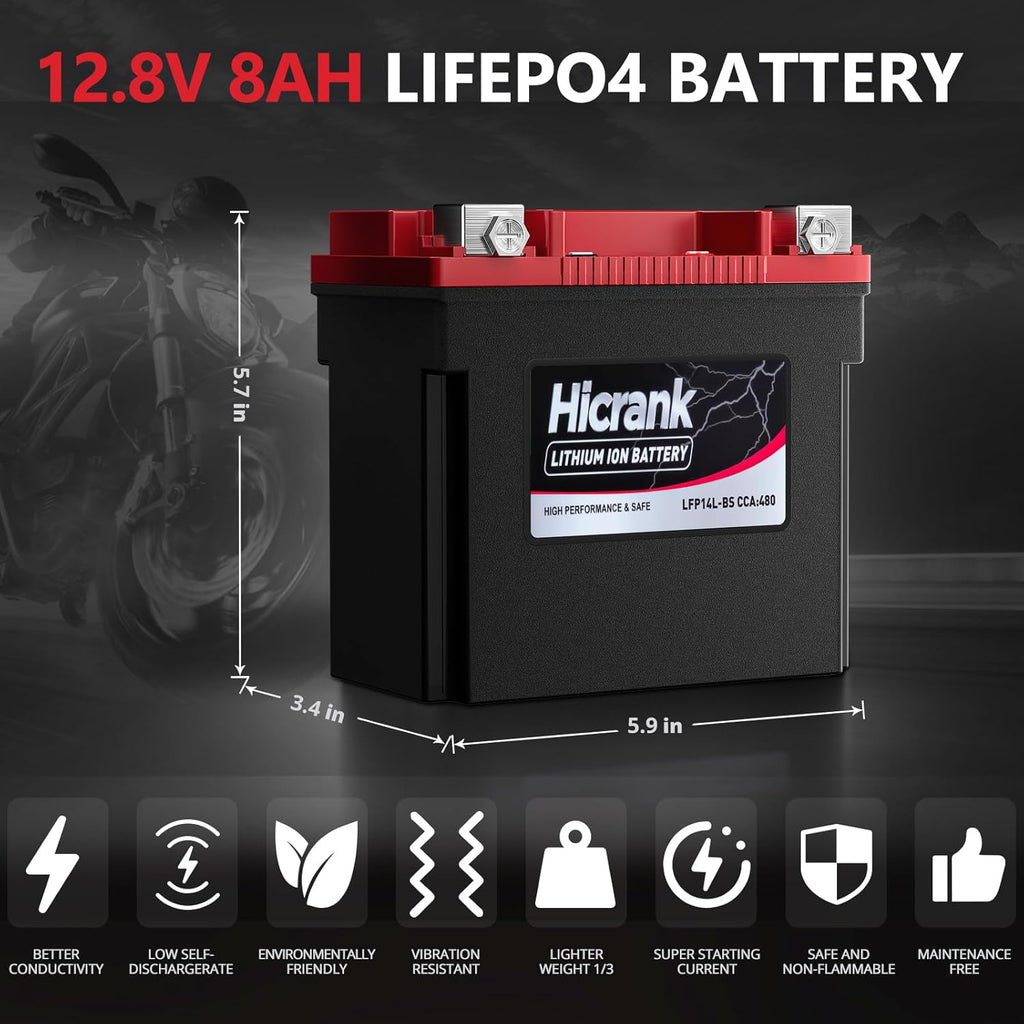 YTX14L-BS (GYZ16HL) Lithium 12V 8Ah 480CCA LiFePO4 Motorcycle Battery, Powersports Battery for Honda KTM Yamaha Harely, Fit ATV, UTV, Scooter, Motocross, 4 Wheeler, Quad, Riding Lawn Mower