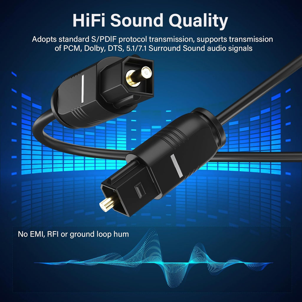 Adoreen Ultra-Thin Slim Digital Optical Audio Cable 25FT, Fiber Optic SPDIF Toslink Cord Gold-Plated High-Speed Flexible & Durable for TV Soundbar Home Theater Game Console PS4 Xbox Samsung +Ties