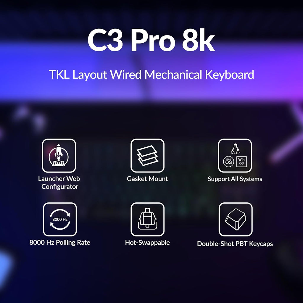 Keychron C3 Pro TKL 80% Wired Mechanical Keyboard, 8K Polling Rate, QMK/VIA Programmable, Hot-Swappable, RGB Backlit Shine-Through Keycaps, Super Red Switch, for Windows/Mac