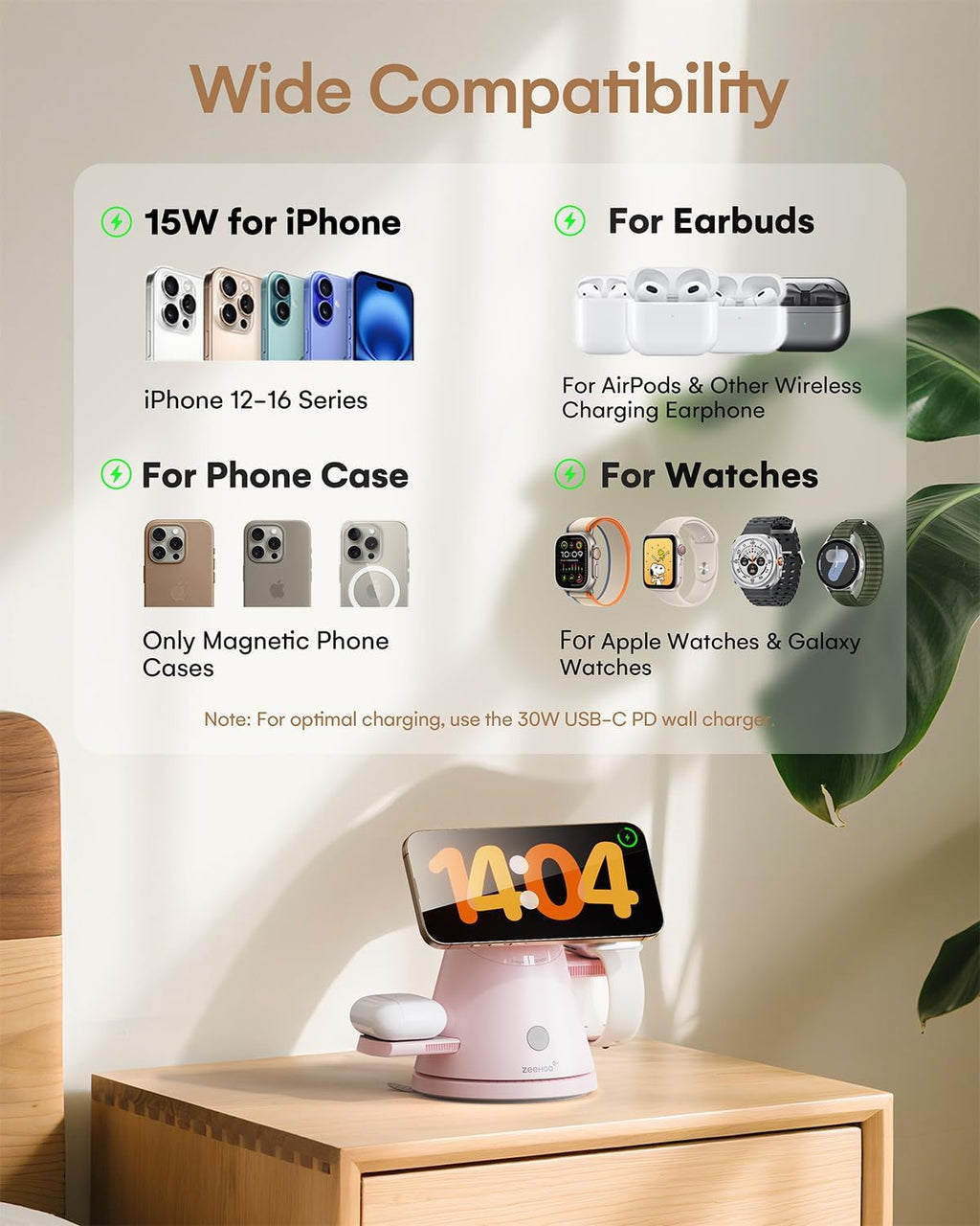 ZEEHOO 4 in 1 Wireless Charging Station for Apple,Mag-Safe Charger &Dimmable Light,Qi2 15W Rotating Fast Wireless Charger for iPhone 16,15,14,13,12&Pixel10&AirPods& iWatch&Samsung Watch(30W Adapter)