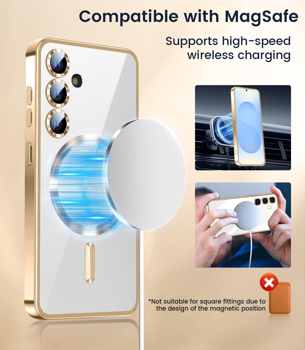 Slim Thin for Samsung Galaxy S25 Plus Case, Compatible with MagSafe, Built-in Camera Lens Protector, Shockproof Protective Phone Case, Soft Electroplated Clear Cover, Gold