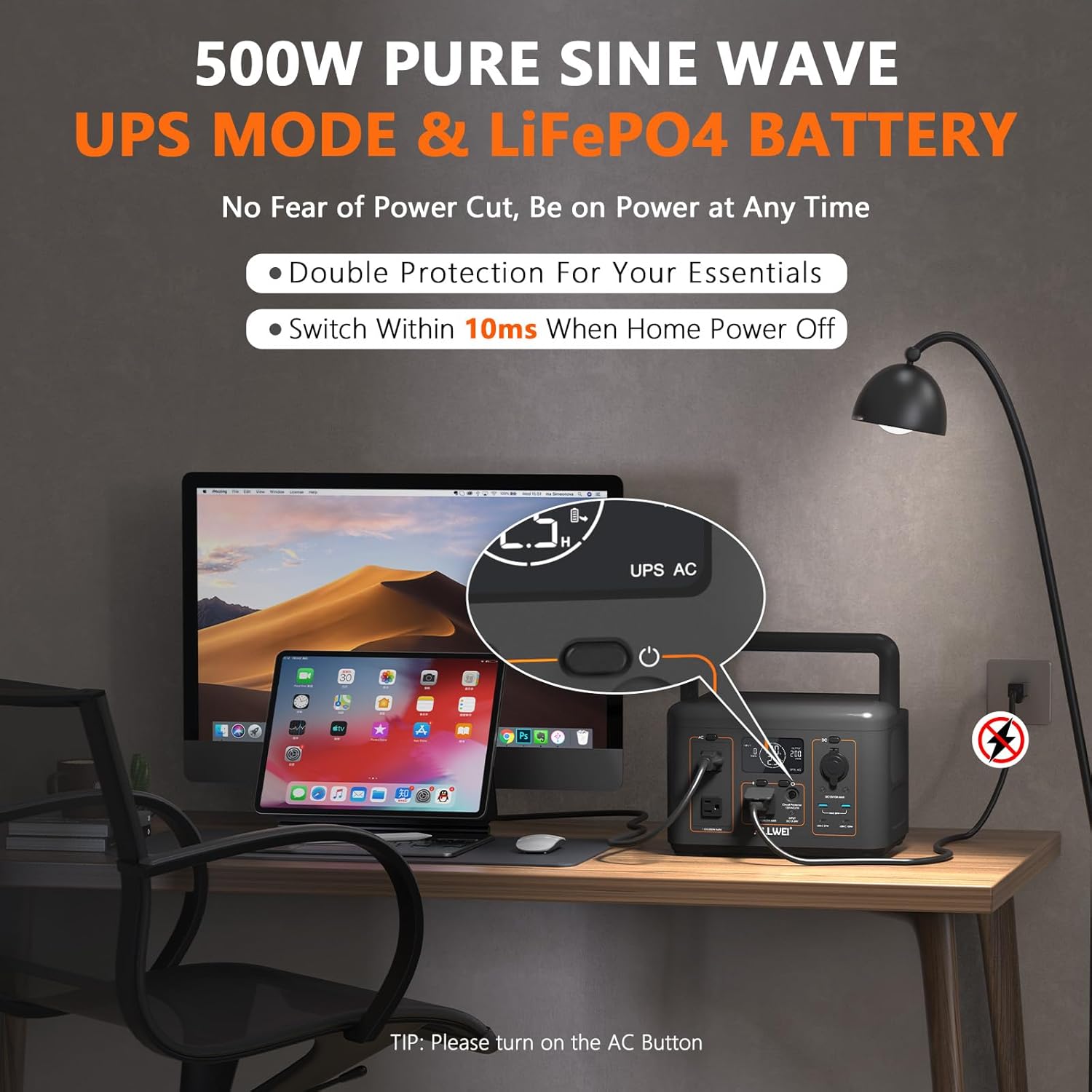 ALLWEI Portable Power Station 500W, 512Wh LiFePO4 Battery, UPS Function, 2.5Hrs Fast Charge, 2 AC Outlets(Surge 1000W), Solar Generator for Outdoor Camping RV CPAP Home Emergency