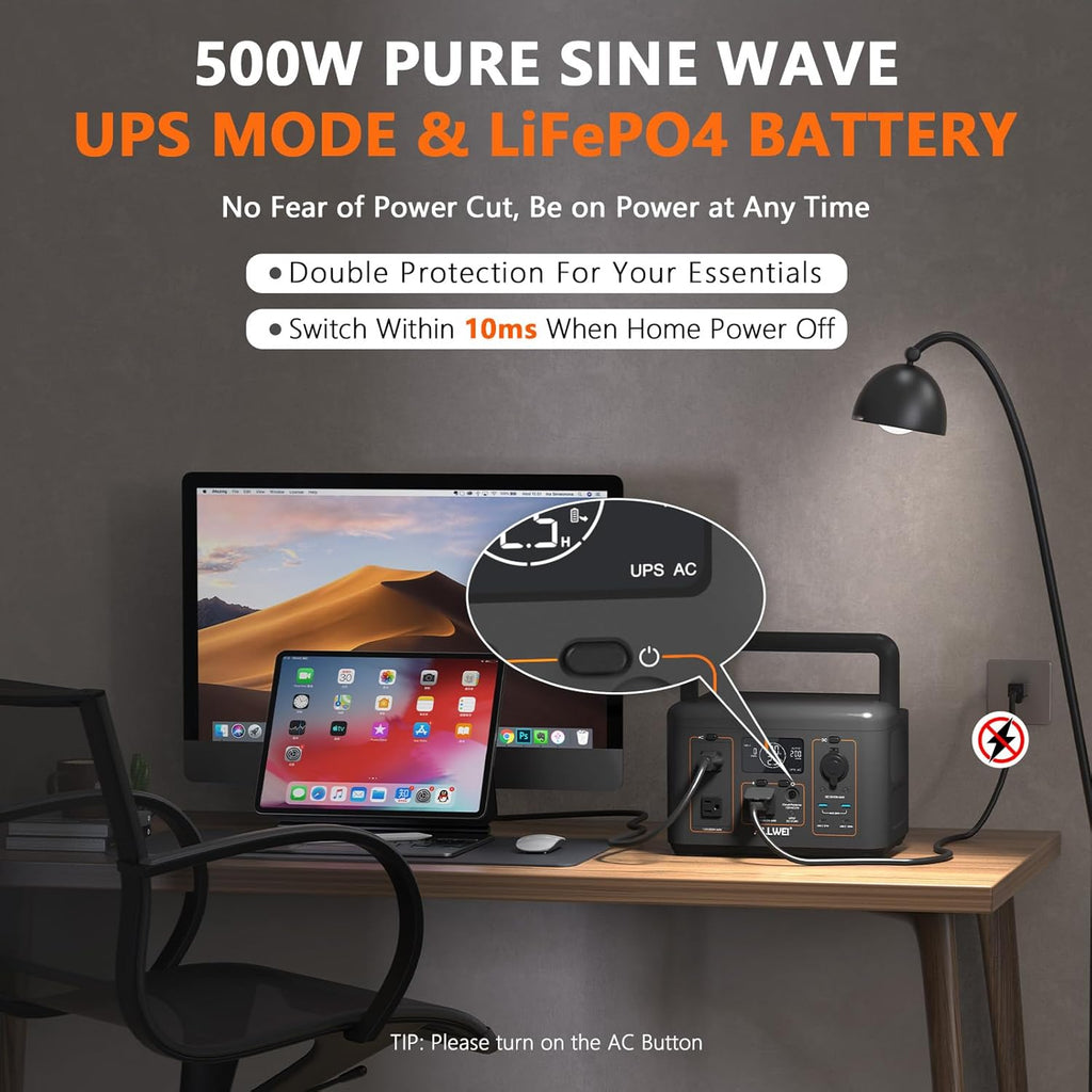 ALLWEI LiFePO4 Solar Generator 512Wh(Peak 1000W) with 100W Solar Panel, 500W Portable Power Station with UPS Mode, Pure Sine Wave AC Outlet, Home Battery Backup for Outdoor Camping RV Off-Grid Travel