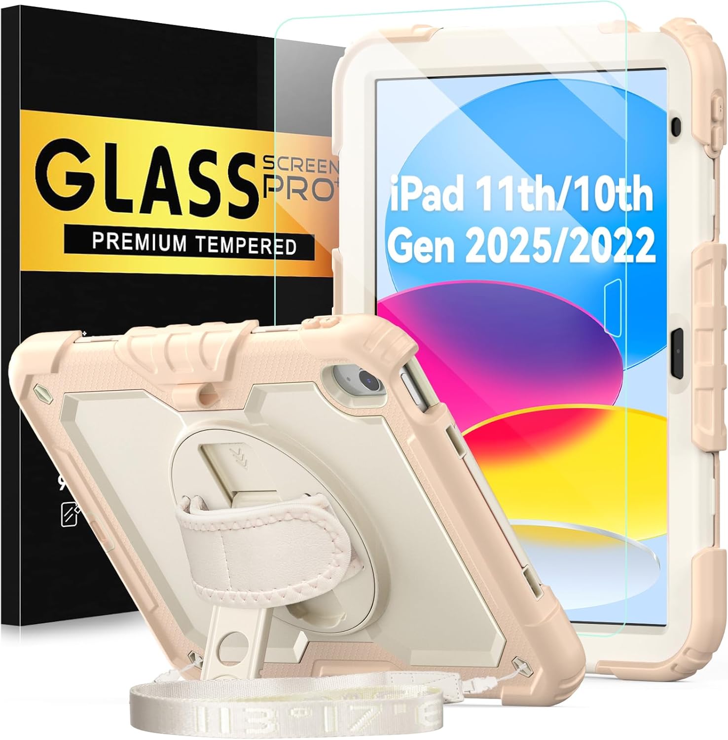 BLOSOMEET Girls Cute Case for iPad A16 11th/10th Generation 11''/10.9'' 2025/2022 with Tempered Glass Screen Protector, KidsProof iPad 11th/10th Gen Cover with Handle Shoulder Strap, Rosegold