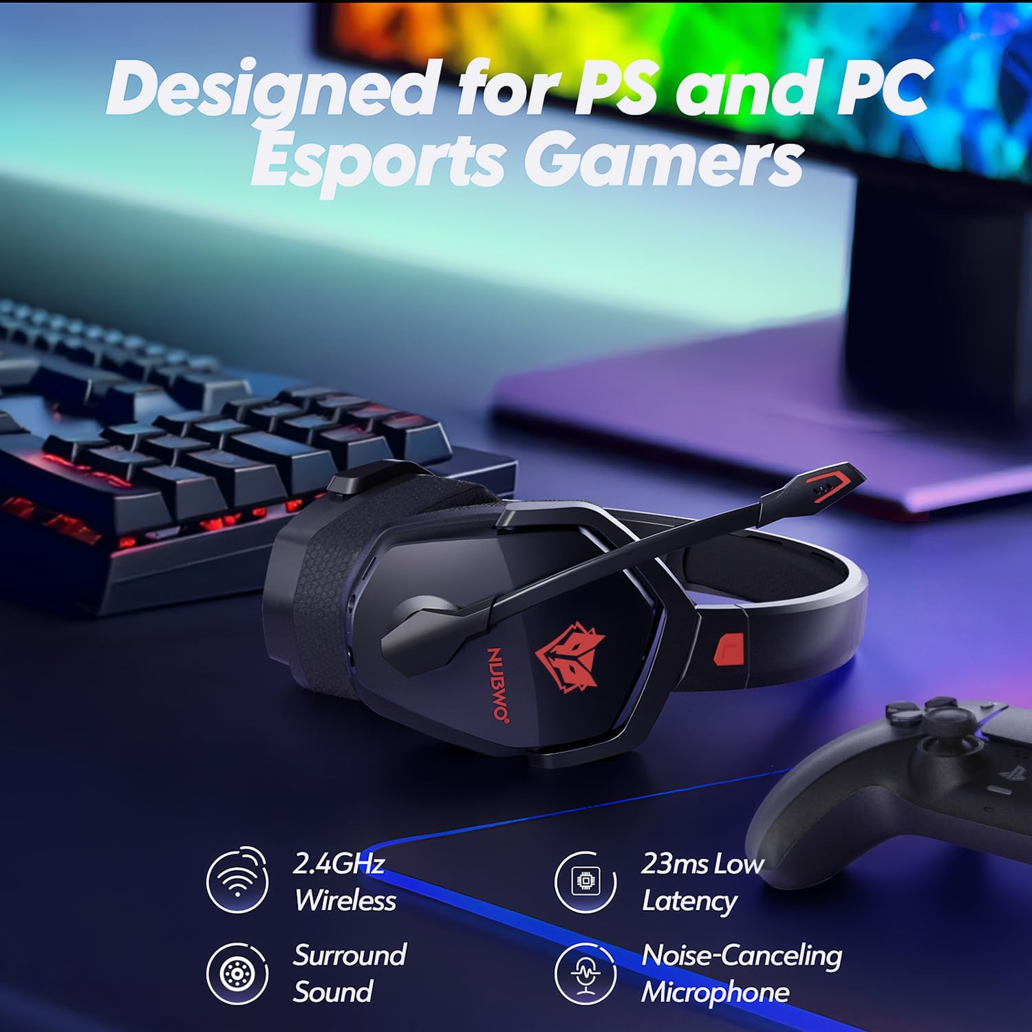NUBWO G06 Dual Wireless Gaming Headset with Microphone for Ps5, Ps4, PC - 23ms Low Latency Audio - 100-Hour of Playtime - 50mm Drivers (Black-Red)