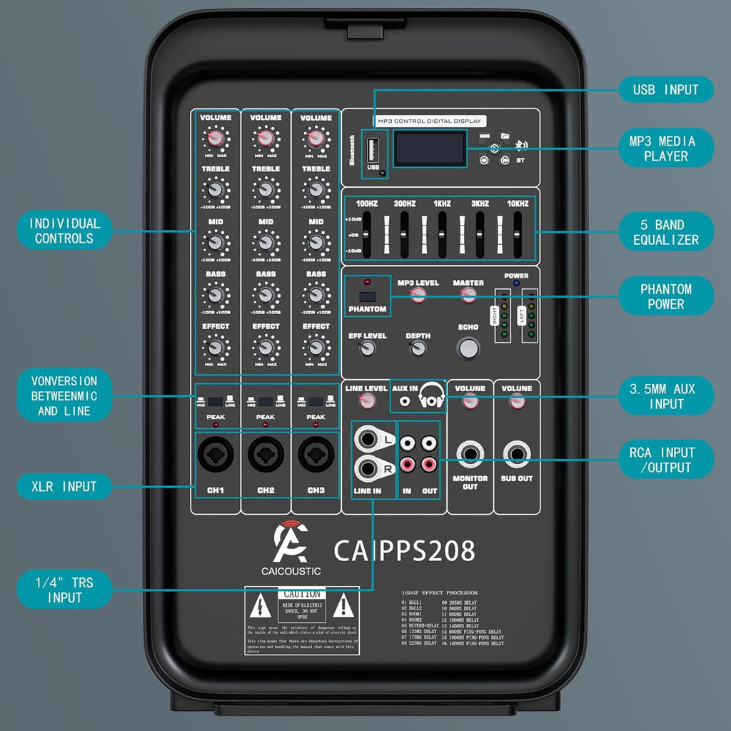 All-in-One 2-Way PA Speaker System DJ Mixer Bundle,300W 8-Channel Mixer Bluetooth, Amplifier Kit with 8" Subwoofer and 1" Horn Tweeter,USB,2 Speaker Stands, Mic