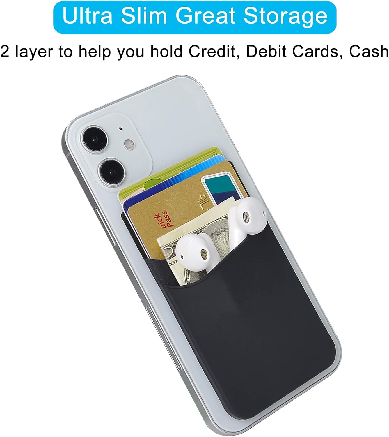 SS Phone Wallet, Phone Card Holder Pocket Pouch Stick on for Phone Cases Silicone Double Pockets Suitable for iPhone, Android, Samsung Galaxy 3 Pack