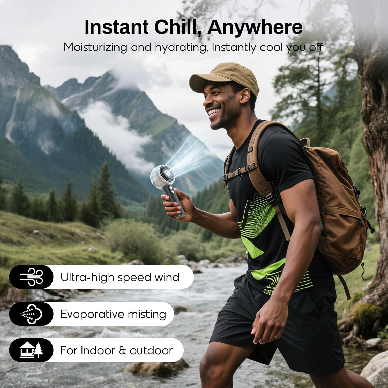 Misting Portable Handheld Fan, Powerful Turbo Motor, 6000mAh Rechargeable Battery, Personal Mini Fans with 4 Strong Wind, Cooling Gadgets for Travel, Camping, Beach, Outdoor, Gifts for Women Men-Black
