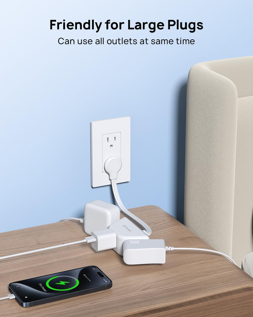 TROND Flat Outlet Extender with 6 Inch Cord - 3 Way Angled Plug Extension Outlet Adapter, Cruise Ship Essentials, Small Multiple Plug Splitter for Home Office Travel, White