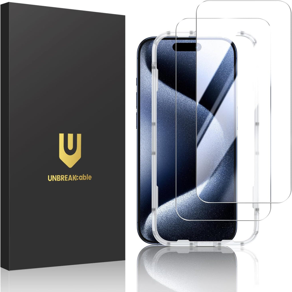 UNBREAKcable Screen Protector for iPhone 15 Pro Max [Easy Installation Frame] [9H Hardness] [Bubble Free] [99.99% Clear] Shatterproof Tempered Glass Screen Protector for Apple 6.7 inch, 2 Pack