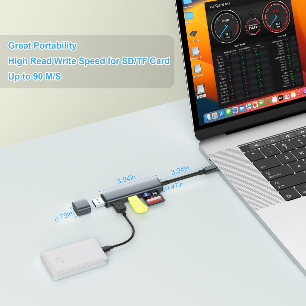 USB 3.0 SD Card Reader with Dual USB Ports, USB C SD Card Reader for iPhone 15/iPad/Mac 4 Ports Read and Write Simultaneously Memory Card Adapter for MacBook Pro/Air iMac Android S23 S22