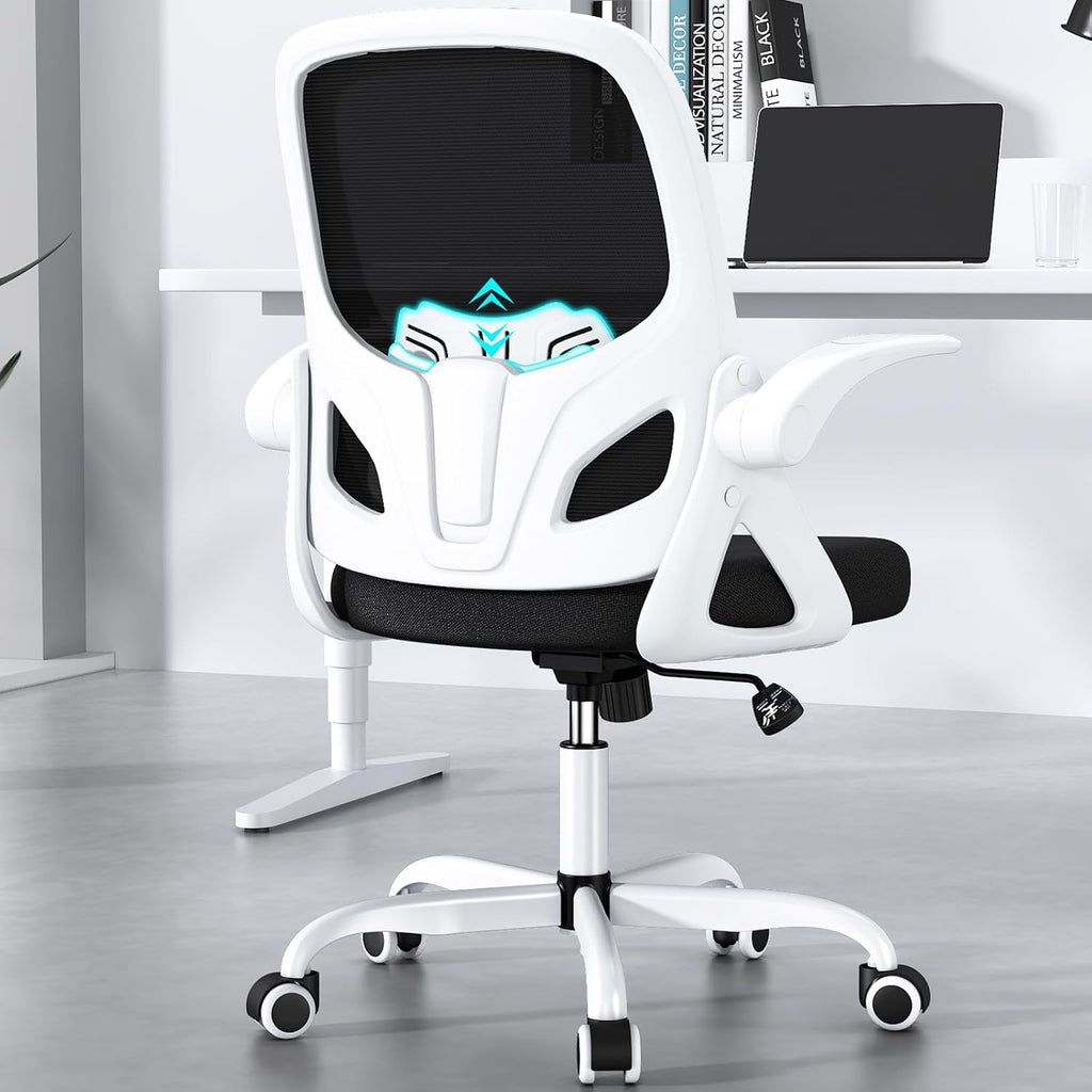 Home Desk Chair with Back Supportive Lumbar Support, Breathable Double Mesh Cushion Home Desk Office Chair with Flip up Arms, Modern Ergonomic Home Desk Office Chair for Work(White)