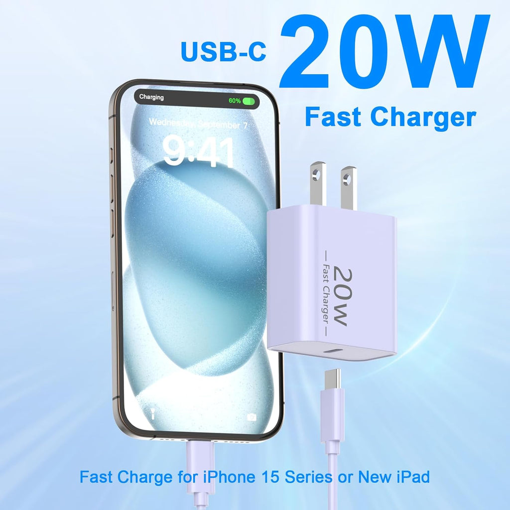 Matsusho 20W USB C Wall Charger Fast Charging Compatible for iPhone 16/16 Plus/16 Pro/16 Pro Max/15/15 Pro/15 Pro Max/15 Plus, 2 Pack iPhone 16 15 Charger Block with 10FT Type C Charging Cable, Purple