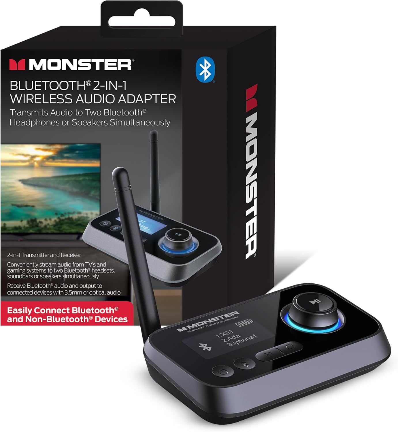 Monster Bluetooth Transmitter & Receiver, 2-in-1 Bluetooth Audio Adapter, Stream to/from NonBluetooth Devices, Stream TV to 2 Headphones, 33 ft Range, Analog & Digital, TV USB Powered, 3.5mm Aux Port