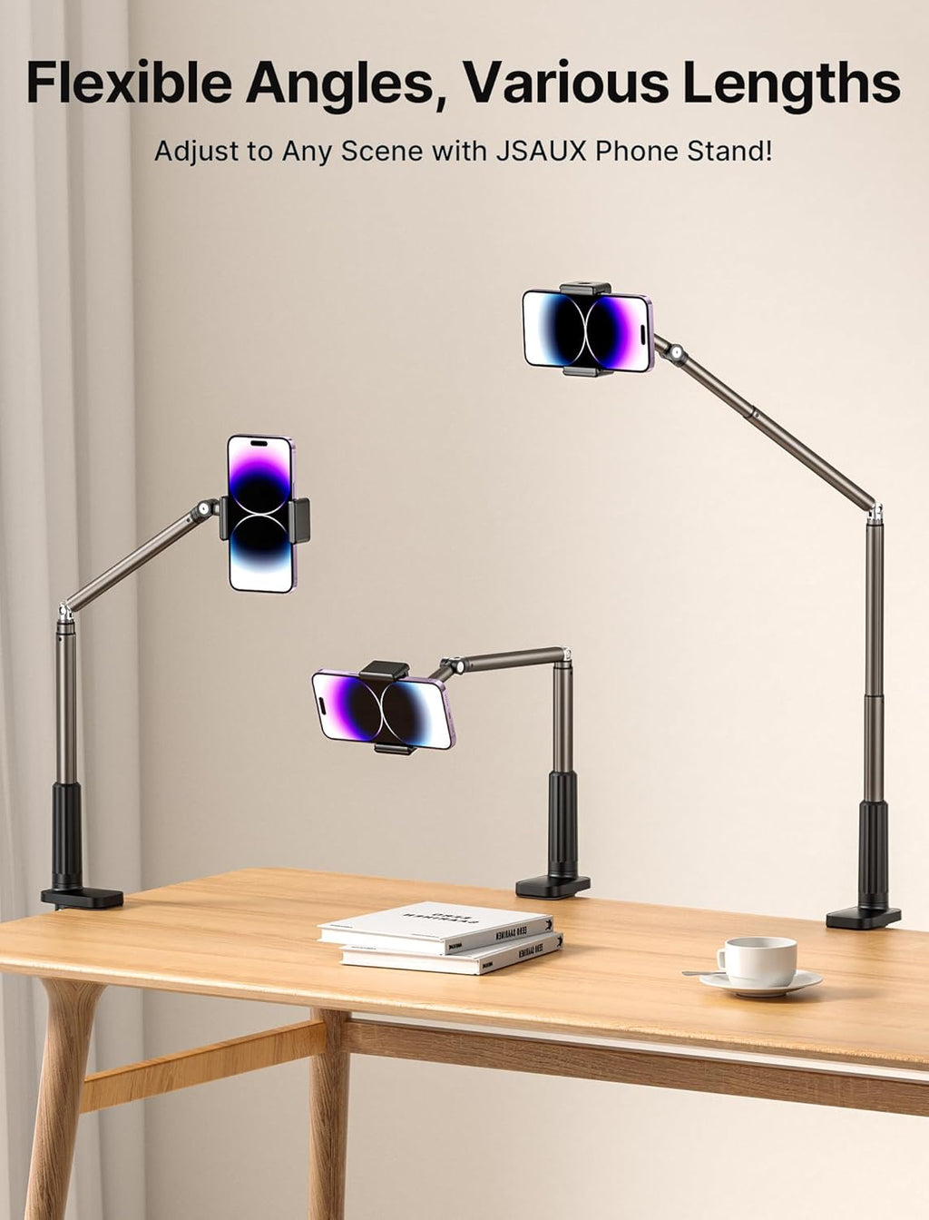 JSAUX Phone Holder for Desk and Bed Compatible with iPhone 16 15 14 13 12 Overhead Phone Mount Gooseneck Phone Stand Flexible 360 Lazy Long Arm Clamp Clip for Table Bedside [1-Pack, Black]